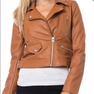 LOVE TREE Motorcycle Jacket Faux Leather Tan Camel
